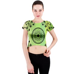 Green Grid Cute Flower Mandala Crew Neck Crop Top by Magicworlddreamarts1