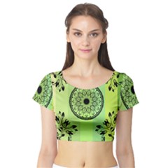 Green Grid Cute Flower Mandala Short Sleeve Crop Top by Magicworlddreamarts1