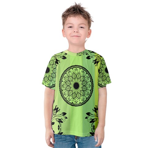 Green Grid Cute Flower Mandala Kids  Cotton Tee by Magicworlddreamarts1