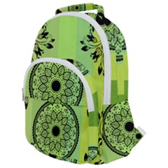 Green Grid Cute Flower Mandala Rounded Multi Pocket Backpack by Magicworlddreamarts1