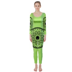 Green Grid Cute Flower Mandala Long Sleeve Catsuit by Magicworlddreamarts1