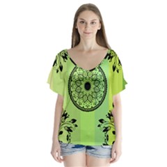 Green Grid Cute Flower Mandala V-neck Flutter Sleeve Top