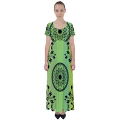 Green Grid Cute Flower Mandala High Waist Short Sleeve Maxi Dress