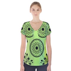 Green Grid Cute Flower Mandala Short Sleeve Front Detail Top