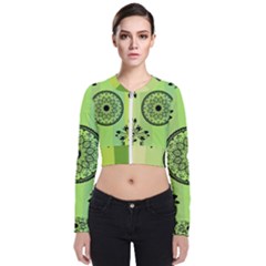 Green Grid Cute Flower Mandala Long Sleeve Zip Up Bomber Jacket by Magicworlddreamarts1