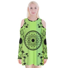 Green Grid Cute Flower Mandala Velvet Long Sleeve Shoulder Cutout Dress by Magicworlddreamarts1