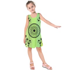 Green Grid Cute Flower Mandala Kids  Sleeveless Dress by Magicworlddreamarts1