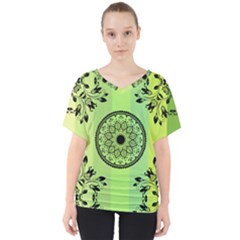 Green Grid Cute Flower Mandala V-neck Dolman Drape Top by Magicworlddreamarts1