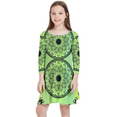 Green Grid Cute Flower Mandala Kids  Quarter Sleeve Skater Dress by Magicworlddreamarts1