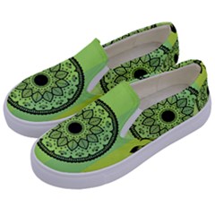 Green Grid Cute Flower Mandala Kids  Canvas Slip Ons by Magicworlddreamarts1