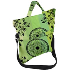 Green Grid Cute Flower Mandala Fold Over Handle Tote Bag by Magicworlddreamarts1