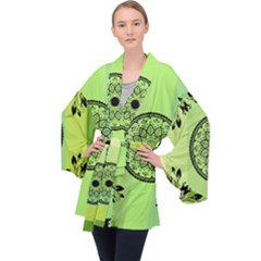 Green Grid Cute Flower Mandala Long Sleeve Velvet Kimono  by Magicworlddreamarts1