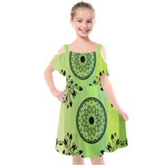 Green Grid Cute Flower Mandala Kids  Cut Out Shoulders Chiffon Dress