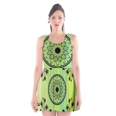 Green Grid Cute Flower Mandala Scoop Neck Skater Dress by Magicworlddreamarts1