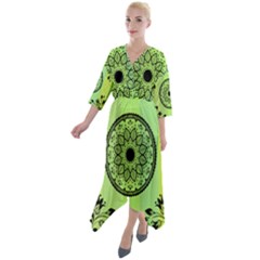 Green Grid Cute Flower Mandala Quarter Sleeve Wrap Front Maxi Dress by Magicworlddreamarts1