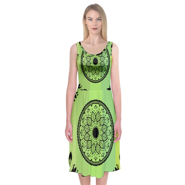 Green Grid Cute Flower Mandala Midi Sleeveless Dress