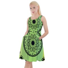 Green Grid Cute Flower Mandala Knee Length Skater Dress With Pockets by Magicworlddreamarts1
