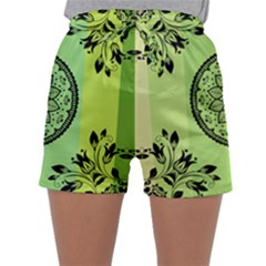 Green Grid Cute Flower Mandala Sleepwear Shorts by Magicworlddreamarts1