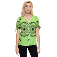 Green Grid Cute Flower Mandala Bow Sleeve Button Up Top