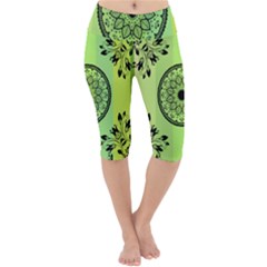 Green Grid Cute Flower Mandala Lightweight Velour Cropped Yoga Leggings by Magicworlddreamarts1