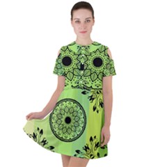 Green Grid Cute Flower Mandala Short Sleeve Shoulder Cut Out Dress  by Magicworlddreamarts1