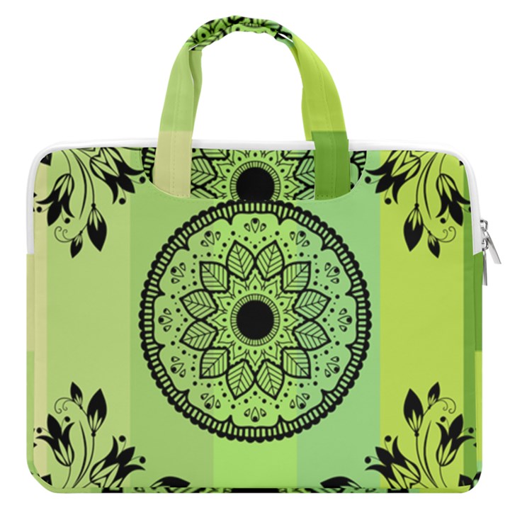 Green Grid Cute Flower Mandala MacBook Pro Double Pocket Laptop Bag