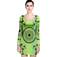 Green Grid Cute Flower Mandala Long Sleeve Velvet Bodycon Dress by Magicworlddreamarts1