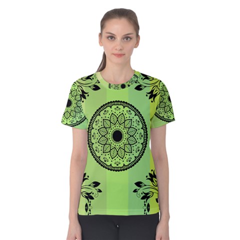 Green Grid Cute Flower Mandala Women s Cotton Tee by Magicworlddreamarts1