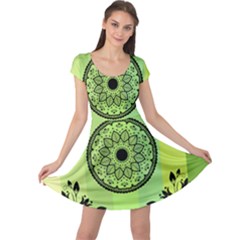 Green Grid Cute Flower Mandala Cap Sleeve Dress by Magicworlddreamarts1
