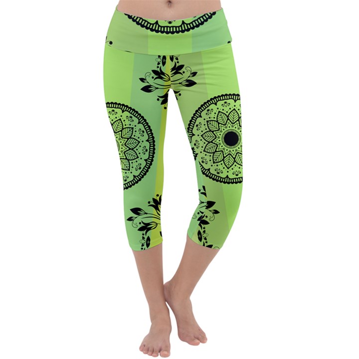 Green Grid Cute Flower Mandala Capri Yoga Leggings