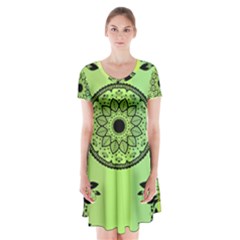 Green Grid Cute Flower Mandala Short Sleeve V-neck Flare Dress by Magicworlddreamarts1