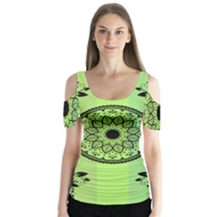 Green Grid Cute Flower Mandala Butterfly Sleeve Cutout Tee 