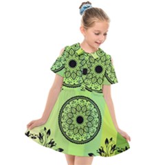 Green Grid Cute Flower Mandala Kids  Short Sleeve Shirt Dress by Magicworlddreamarts1