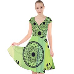 Green Grid Cute Flower Mandala Cap Sleeve Front Wrap Midi Dress by Magicworlddreamarts1