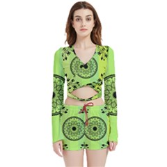 Green Grid Cute Flower Mandala Velvet Wrap Crop Top And Shorts Set by Magicworlddreamarts1