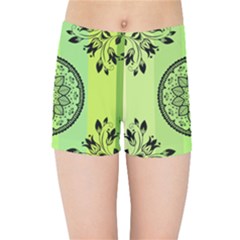 Green Grid Cute Flower Mandala Kids  Sports Shorts