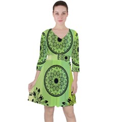 Green Grid Cute Flower Mandala Quarter Sleeve Ruffle Waist Dress by Magicworlddreamarts1
