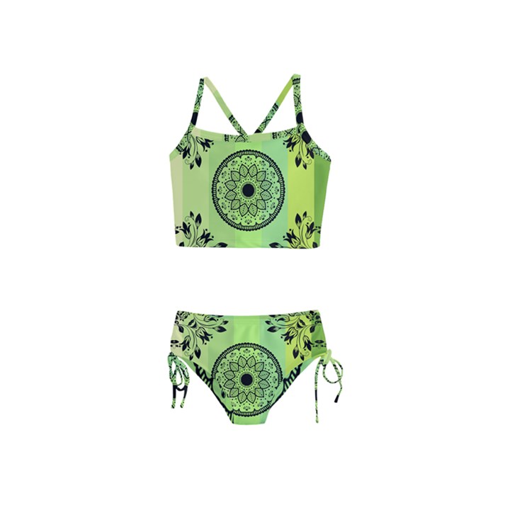 Green Grid Cute Flower Mandala Girls  Tankini Swimsuit