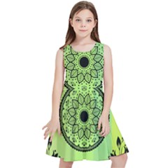 Green Grid Cute Flower Mandala Kids  Skater Dress by Magicworlddreamarts1