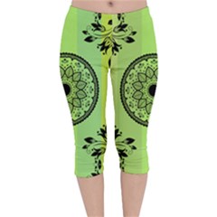 Green Grid Cute Flower Mandala Velvet Capri Leggings  by Magicworlddreamarts1