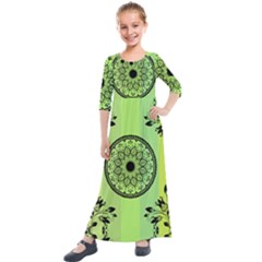 Green Grid Cute Flower Mandala Kids  Quarter Sleeve Maxi Dress by Magicworlddreamarts1