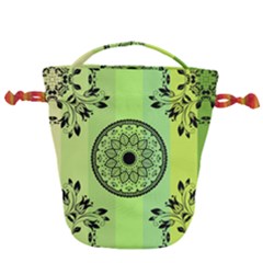 Green Grid Cute Flower Mandala Drawstring Bucket Bag by Magicworlddreamarts1