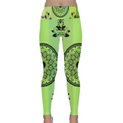 Green Grid Cute Flower Mandala Lightweight Velour Classic Yoga Leggings by Magicworlddreamarts1