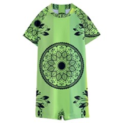 Green Grid Cute Flower Mandala Kids  Boyleg Half Suit Swimwear by Magicworlddreamarts1