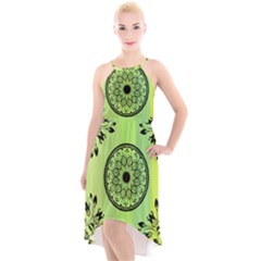Green Grid Cute Flower Mandala High-low Halter Chiffon Dress  by Magicworlddreamarts1