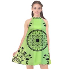 Green Grid Cute Flower Mandala Halter Neckline Chiffon Dress 