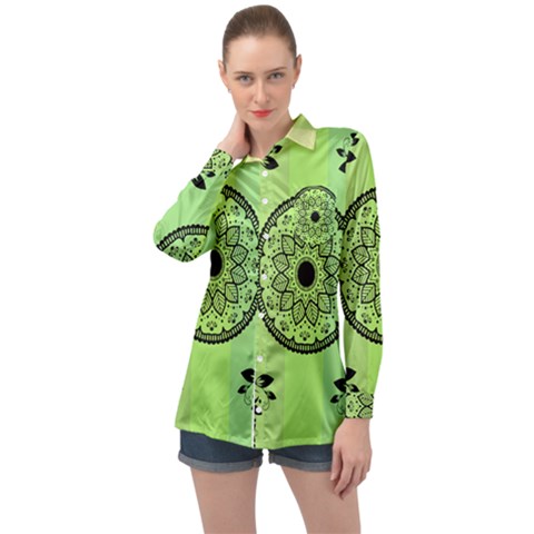 Green Grid Cute Flower Mandala Long Sleeve Satin Shirt by Magicworlddreamarts1