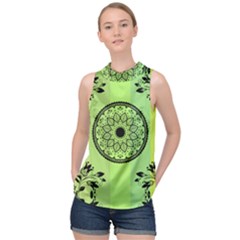 Green Grid Cute Flower Mandala High Neck Satin Top by Magicworlddreamarts1