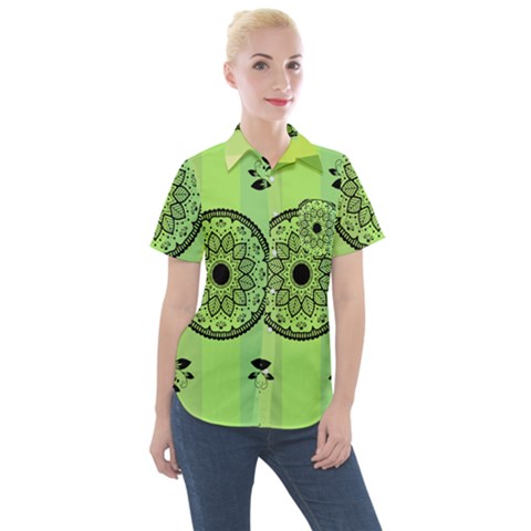 Green Grid Cute Flower Mandala Women s Short Sleeve Pocket Shirt by Magicworlddreamarts1