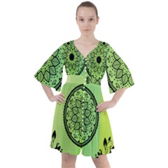Green Grid Cute Flower Mandala Boho Button Up Dress by Magicworlddreamarts1
